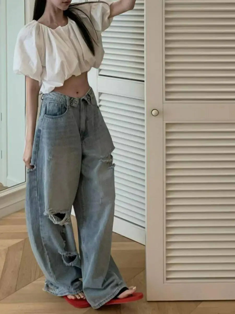 

High Waist Wide Leg Denim Jeans Women's Loose Straight Retro Fading Frayed Floor-Length Casual Long Pants Korean Style