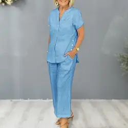 Loose Fit Two-piece Suit Stylish Women's V Neck Top Wide Leg Trousers Set Solid Color Short Sleeves Button Decor for Fashionable