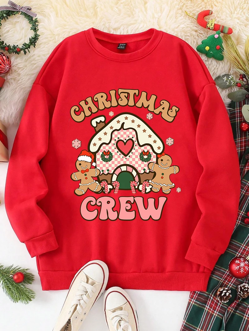 Christmas Crew Sweatshirt Women Cookie Prints Black Hoodie Loose Fleece Warm Crewneck Pullover Winter Casual Tops Woman Clothes