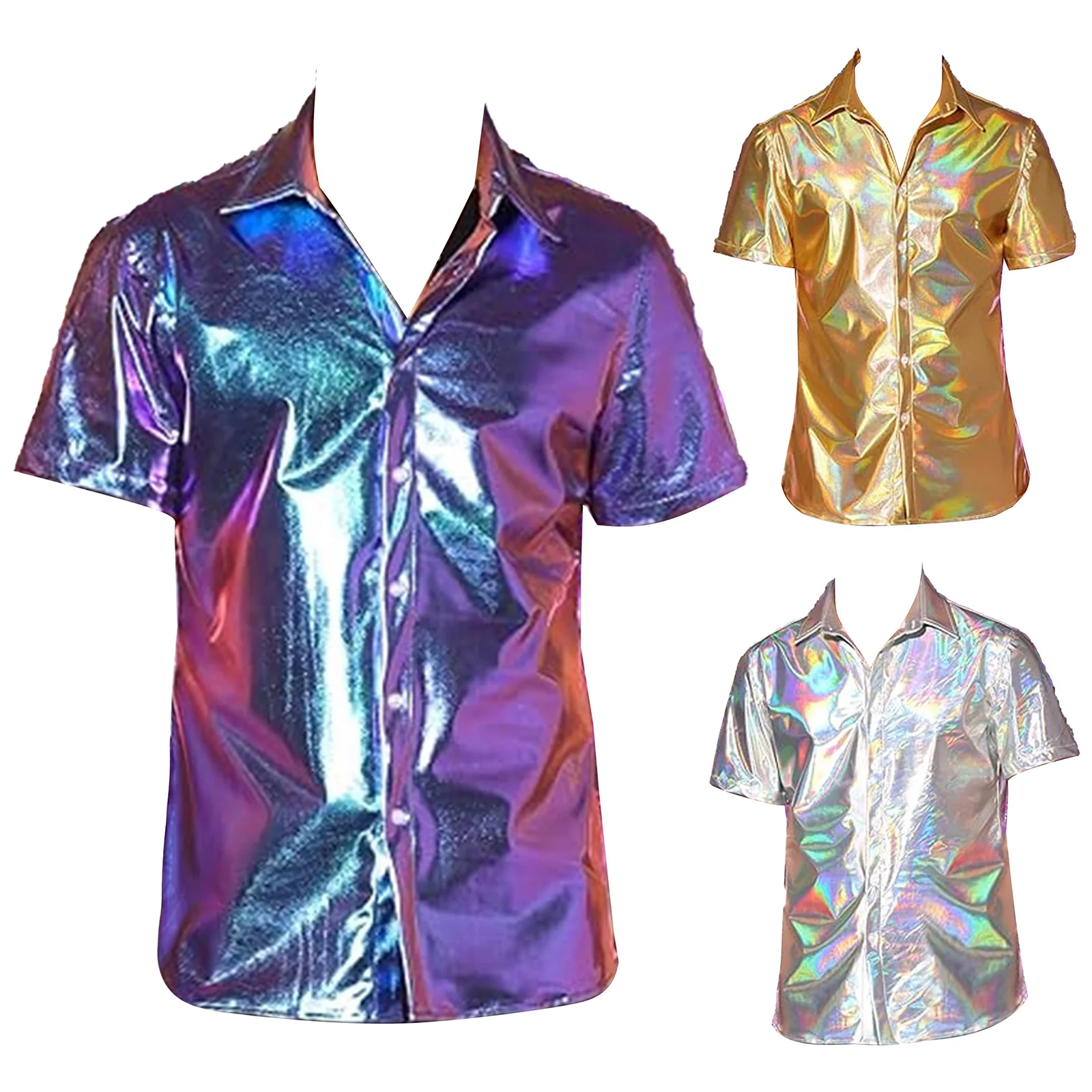 Men\'s Vintage 70s 80s Disco Shirts Tops Metallic Shiny Short Sleeve Button Down Tee Shirts Nightclub Club Rave Dance Costumes