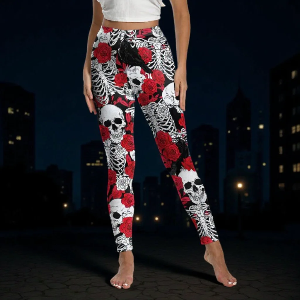 Nadanbao المرأة الجمجمة الأحمر روز طباعة طماق هالوين القوطية السراويل عارضة الشارع الشهير تجريب السراويل جوارب مثيرة القاع #2