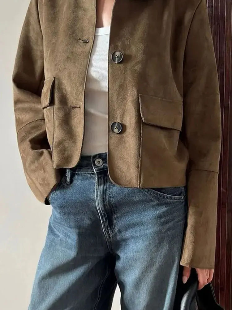 Vintage dámská semišová bunda s dlouhým rukávem a klopou, dámské kabáty, podzim 2025, ležérní, dojíždějící, streetwear, dámské svrchní oblečení - náhled 2