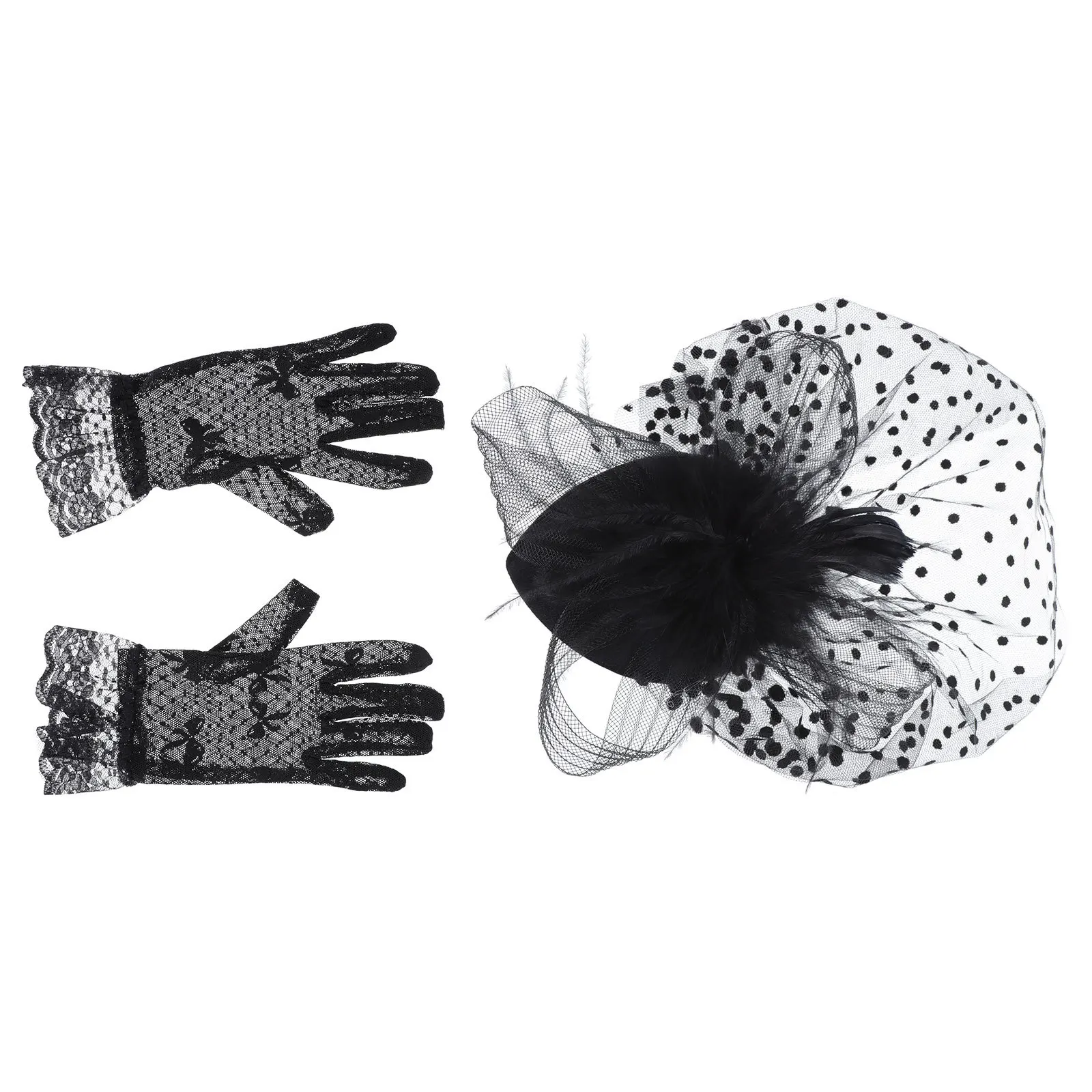 1세트 치파오 드레스 액세서리 레트로 메쉬 망사 모자 장갑 세트 연회 웨딩 촬영 파티 베일 헤드드레스