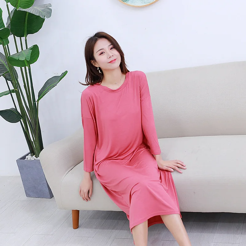 

Modal Solid Women's Nightgown Long-Sleeve Round Neck Soft Breathable Fabric Loose Relaxed Fit Sleepdress ﻿Homewear Autumn Comfy
