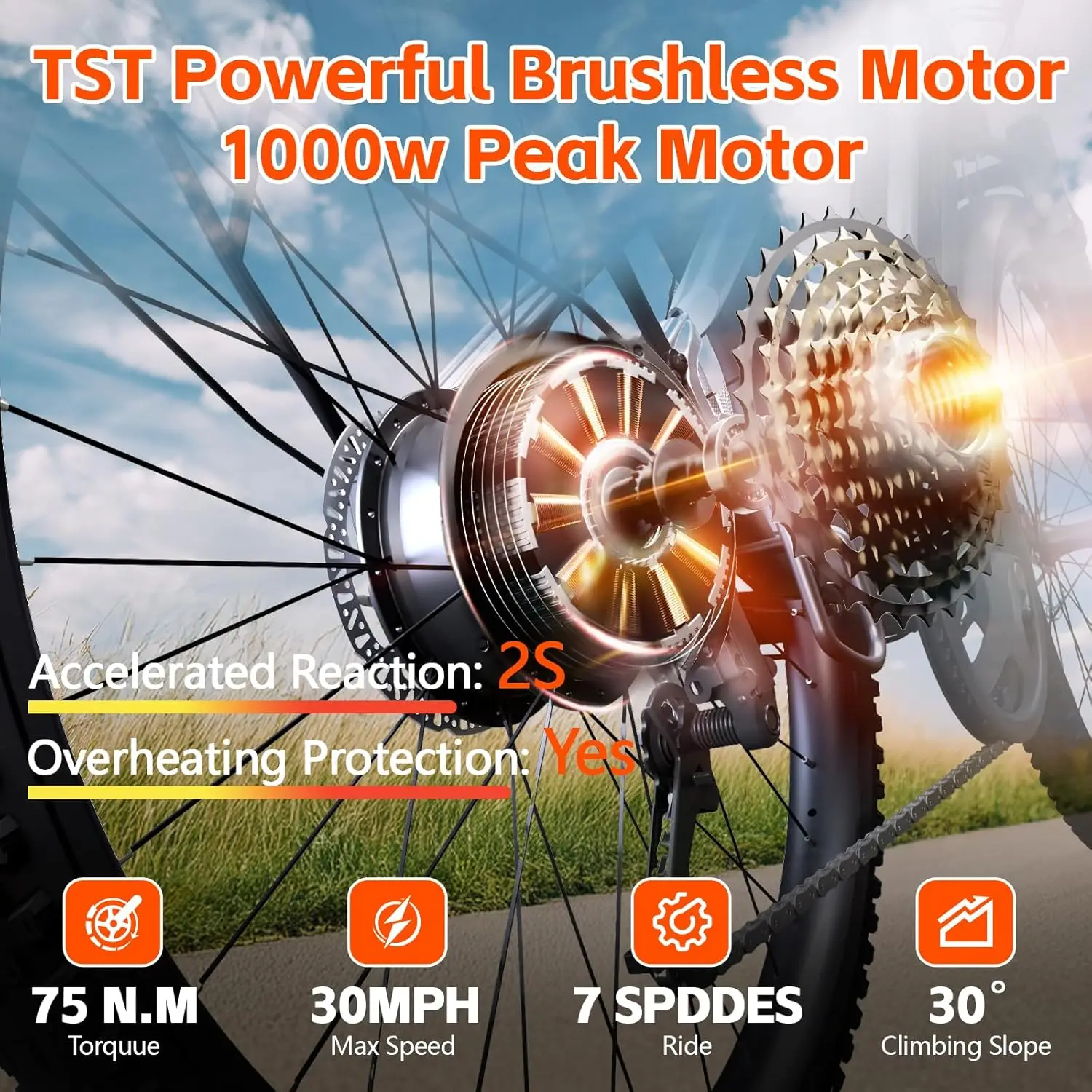 

TST M61407 Electric Bike: 1000W motor, 36V/10.4Ah battery, 30MPH, 7-speed, 26" commuter e-bike with removable battery.