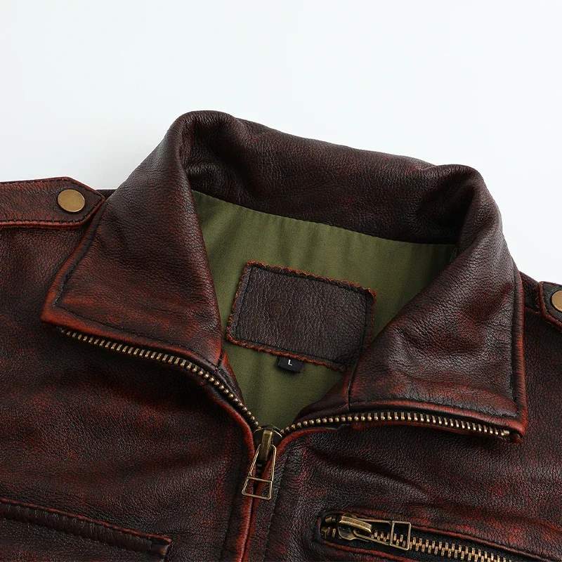 Pure First-Layer Cowhide Leather Jacket M65 Hunting Suit Men\'s Leather Jacket Slim Lapel Mid-Length Casual Large Size Jacket