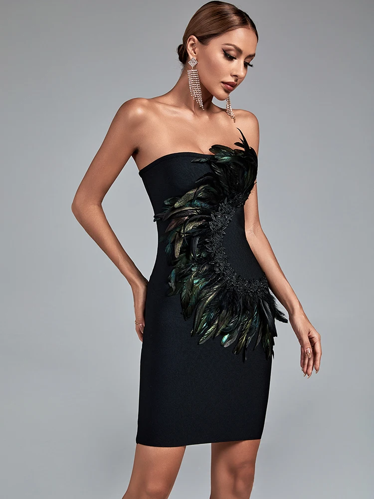 Vestido ajustado de encaje de plumas para mujer, traje verde elegante y Sexy sin tirantes para fiesta de noche y Club de cumpleaños, novedad de verano 2022