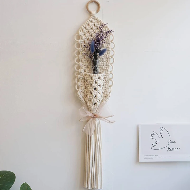 Beige Macrame Hanging Flower Pouch Nordic Bohemian Home Decor Organizer Boho Tapestry Handwoven Cotton Cord Wall Pouch