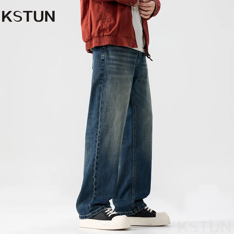

Качественные брендовые джинсы KSTUN, мужские широкие брюки, мешковатые свободные прямые джинсы, синие уличные мужские брюки, модные ковбойские брюки High Street