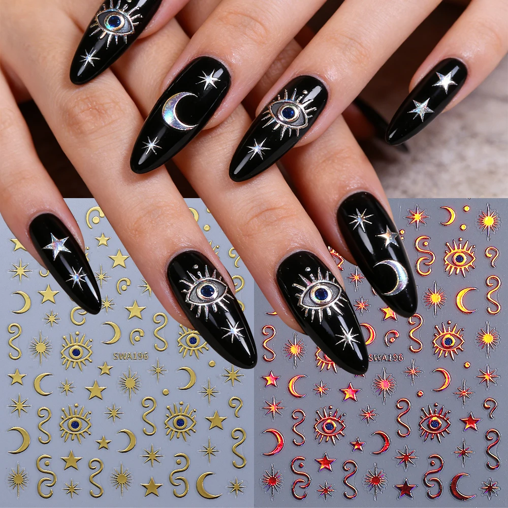 2/3 Stück Bohemian Style 3D Nagelkunst-Aufkleber Gold Silber Holographische Böse-Augen Nagelsticker Stern Mond Aufkleber DIY Nageldekoration – Detail 3