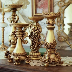Resin Candle Holder European Golden Fern Pattern Crafts Imitation Wood Carved Candlestick Desktop Ornaments Home Decoration