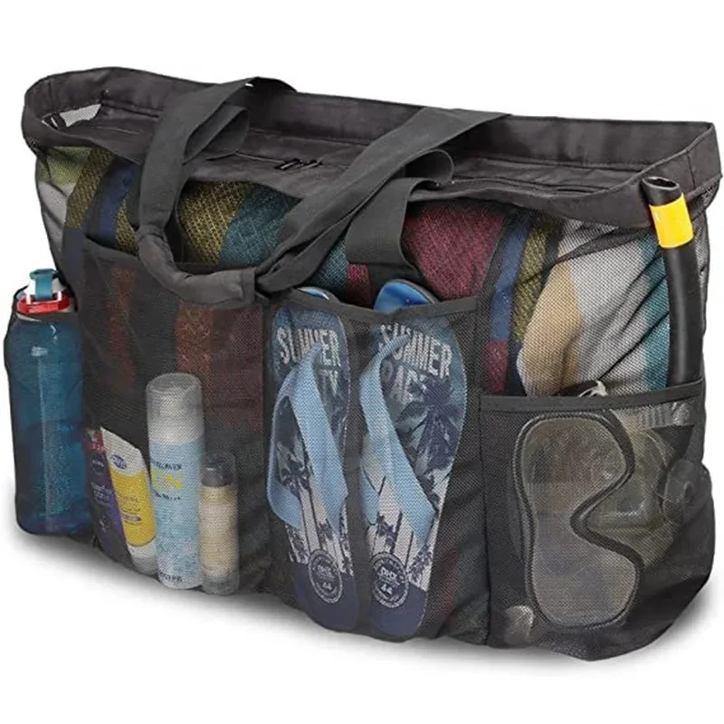 2026 New Large Capacity Mesh Beach Tote Bag Multi-Pocket Swim Bag Quick Dry Sandproof Summer Travel Gym Storage Handbag