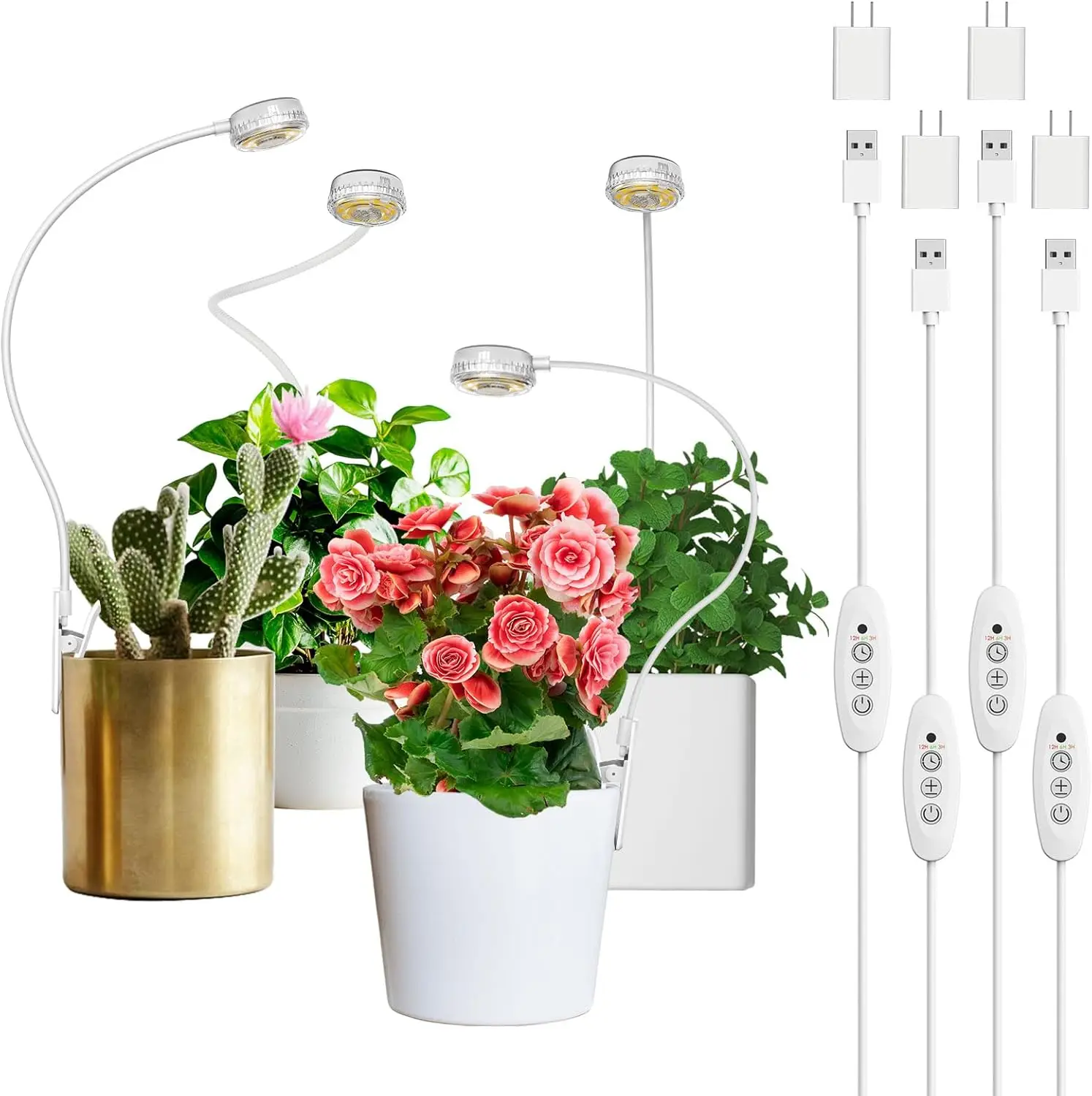 

Full Spectrum LED Grow Light for Indoor Plants, 4-Level Dimmable, Auto On/Off Timer, ETL Listed, 5V USB Powered, 4-Pack