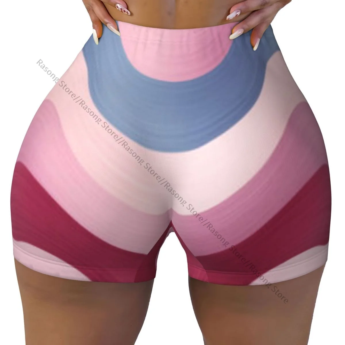 Spandex Yoga Shorts for Women Colorful Wavy Stripes Background Workout Booty Shorts