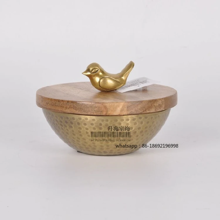 India Imported Handmade Brass Threaded Nordic Fruit Plate Mango Wooden Cover Bird Storage Plate Fruit Pot Decorative Ornament