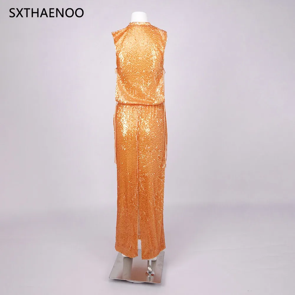 SXTHAENOO فساتين طويلة بدون أكمام ترتر ذهبي براقة فستان رسمي متألق للحفلات والسجادة الحمراء ملابس نسائية أنيقة 2025 #6