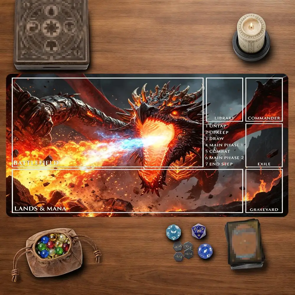 Giant Mecha Lava Fire Dragon TCG Playmat 35X60CM Magic Card Battle Mat Non-Slip Durable Stitched Edge Tabletop Playmat