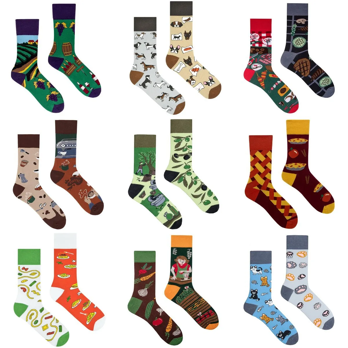 Chaussettes en coton unisexes pour hommes et femmes, style AB, café, vin, pâtes, barbecue, tarte aux pommes, dessin animé drôle, chaussettes longues, cadeaux à la mode