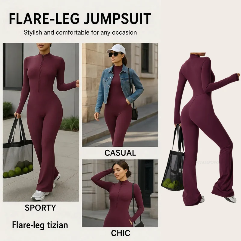 VITALINOVO Damen-Overall mit langen Ärmeln, Flare-Workout-Overall, Reißverschluss, Strampler, Hose, weites Bein, Ganzkörper-Body, figurbetont, einteilig – Detail 13