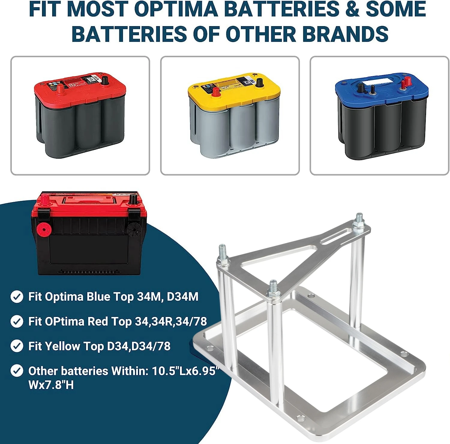 Battery Tray Hold Down Trunk For Optima Blue Red Yellow Top Batteries 34M D34M 34 34/78 D34 D34/78 Aluminum Battery Mount