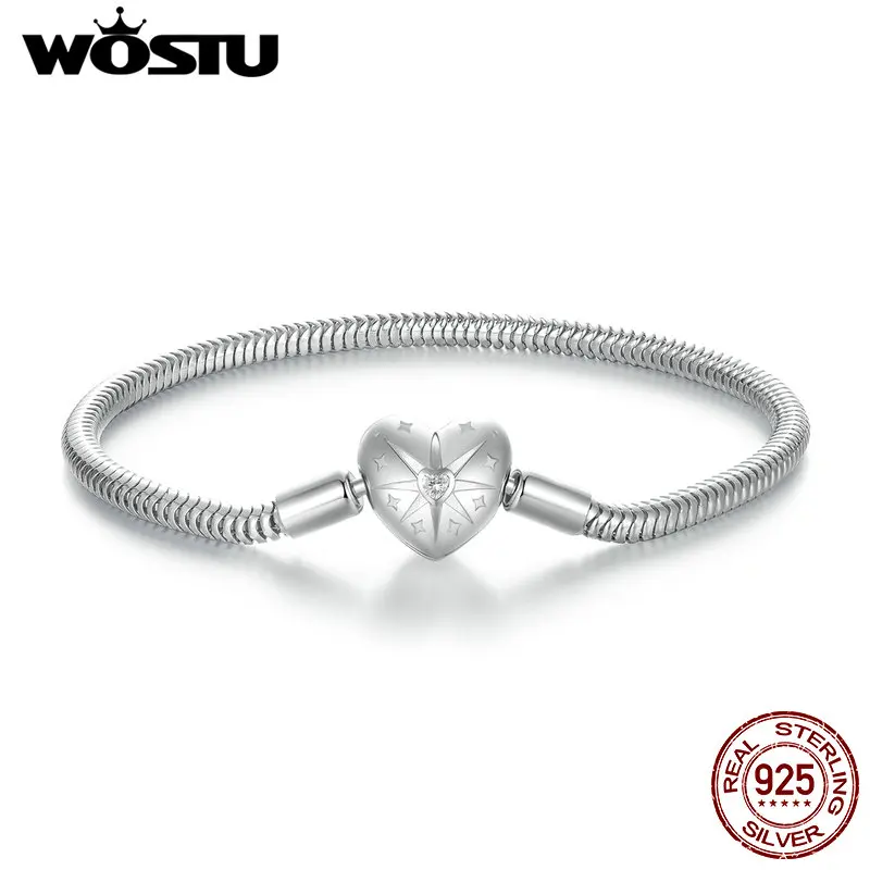 

WOSTU Real 925 Sterling Silver AAA Zircon Star Heart Basic Bracelet Simple Bangles Fit Original Charms Beads DIY Gift for mom