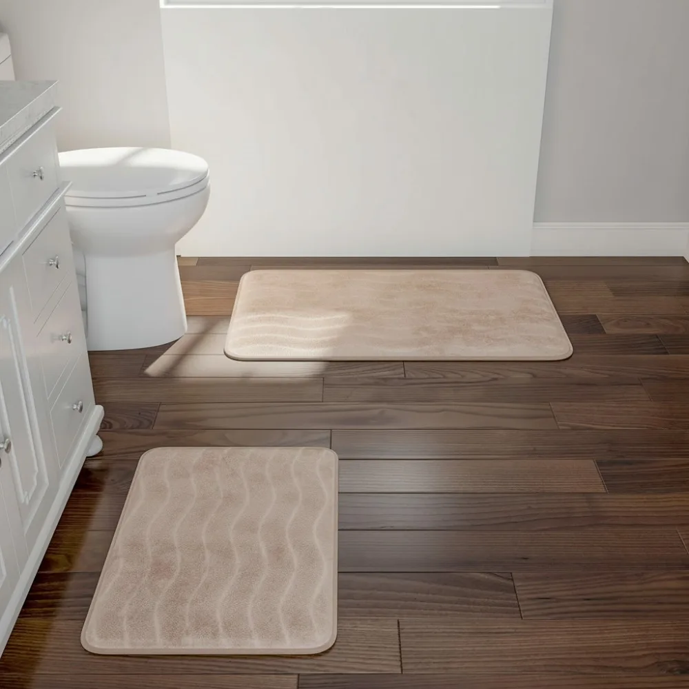 

2-Piece Memory Foam Bath Mats Set, Non-Slip Absorbent Runner for Shower Tub Sink Kitchen, Soft Microfiber Top, Taupe