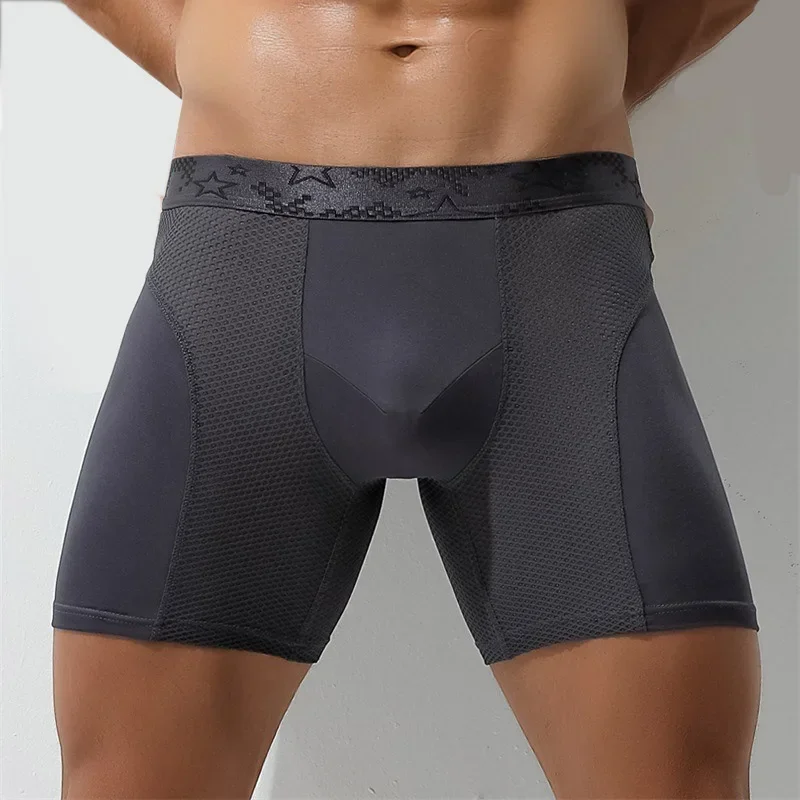 Bóxer largo para hombre, ropa interior Sexy de malla convexa en U, bragas transpirables, piernas extendidas resistentes al desgaste, Boxershorts de