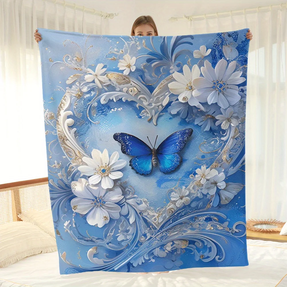 

1 шт. Уютное фланелевое одеяло в форме сердца с цветочным принтом и бабочкой — мягкое, теплое и можно стирать в машине для дивана, кровати, офиса,