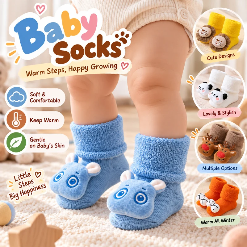 Fall Winter Thick Warm Non-Slip Toddler Socks with Grips for Boys Girls Infant Walking Cozy Anti-Skid Footwear for First Steps