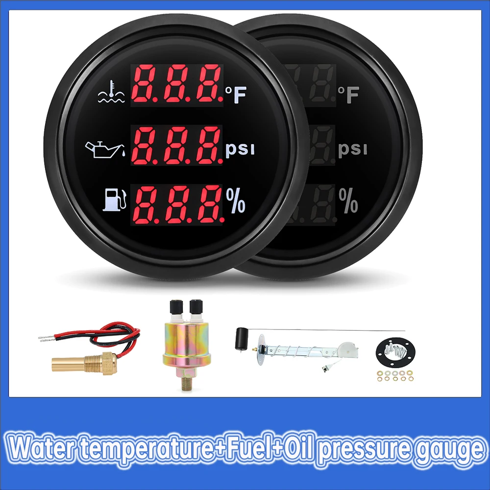 

3 in 1 Car Gaug 52mm Waterproof Multi-Functional Fuel gauge Oil Pressure Water Temp Gauge 9-32V with Sensor Red Backlight