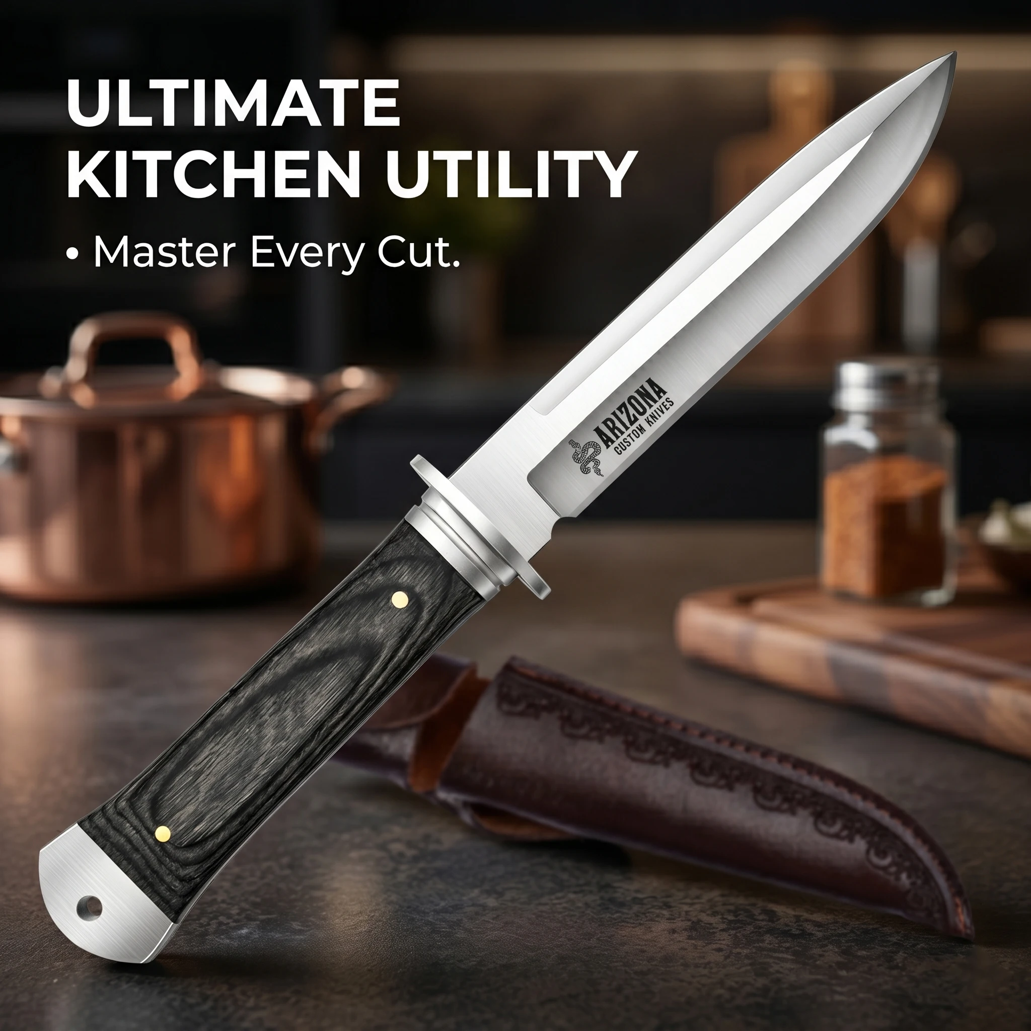 High-quality fixed-blade knife, with leather sheath, stainless steel kitchen knife, kitchen knife for cutting and cooking meat