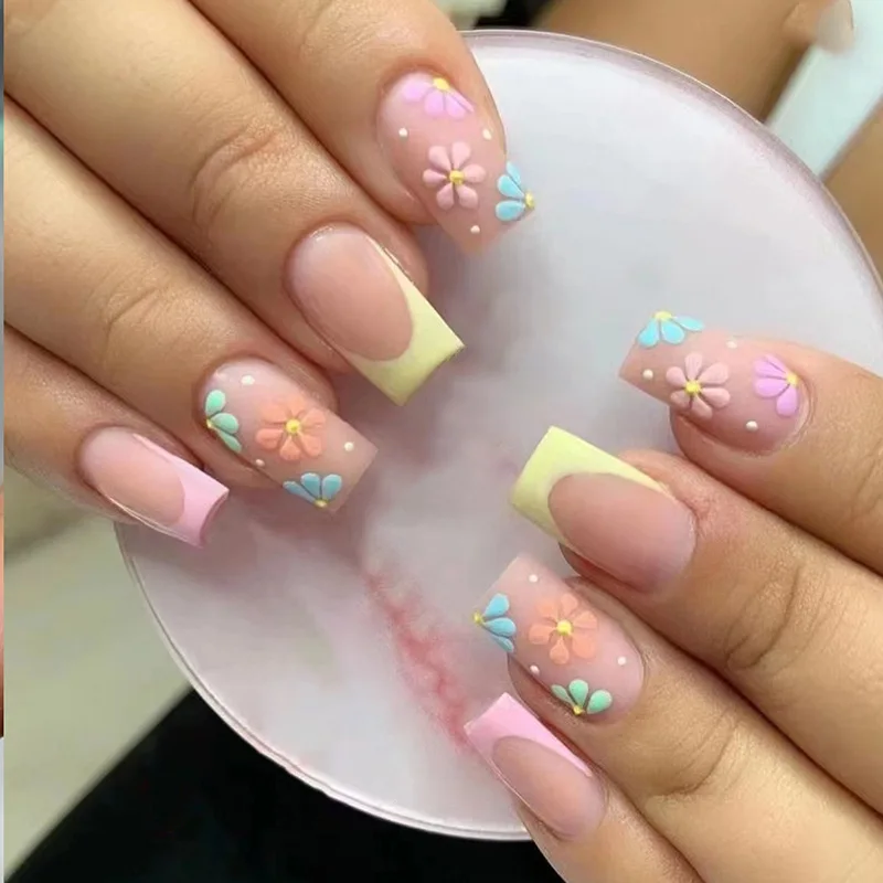 Verpakking Doos Zomer Bloemen Amandel Valse Nagels Pers Op Nagels Vide Afneembare Nep Nageltip Lijm Paars Met Design Gel Manicure