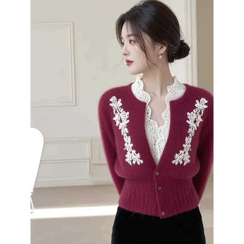 

Red Fake Two Piece Sweater for Women Winter Elegant Lace Patchwork Knitted Top Stylish Inner Wear Chic Layered Look Pullover