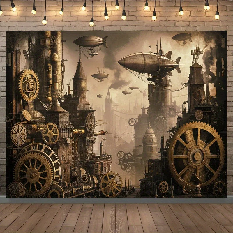 1pc 2D Flat Tapestry Steampunk City Gears Airship Wall Hanging Decor Retro Industrial Style Home Art