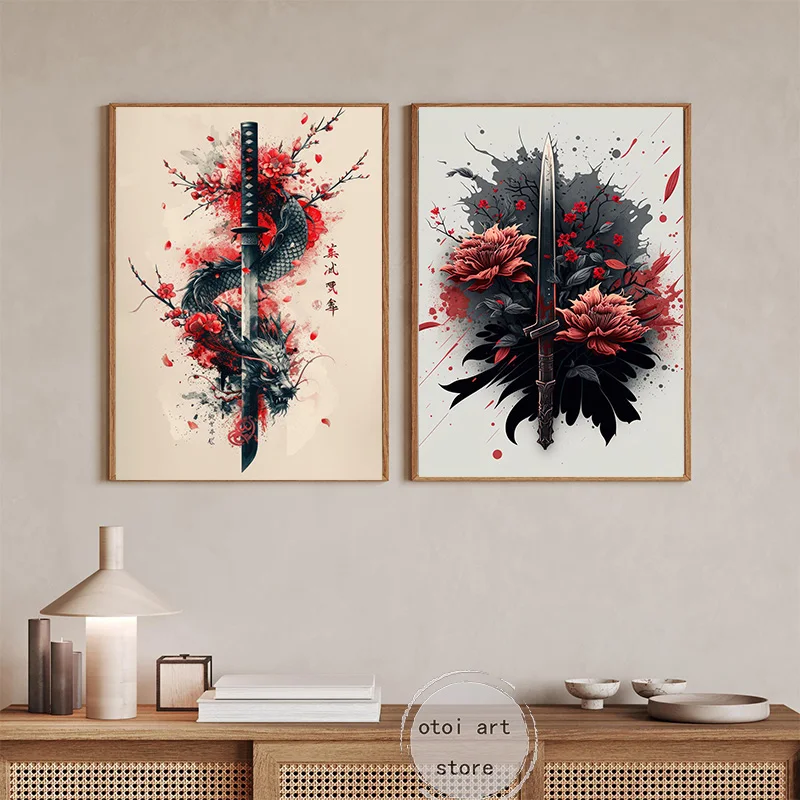 Vintage Dragon Japanese Samurai Katana Cherry Blossoms Art Poster Canvas Painting Wall Prints Picture Living Room Home Decor