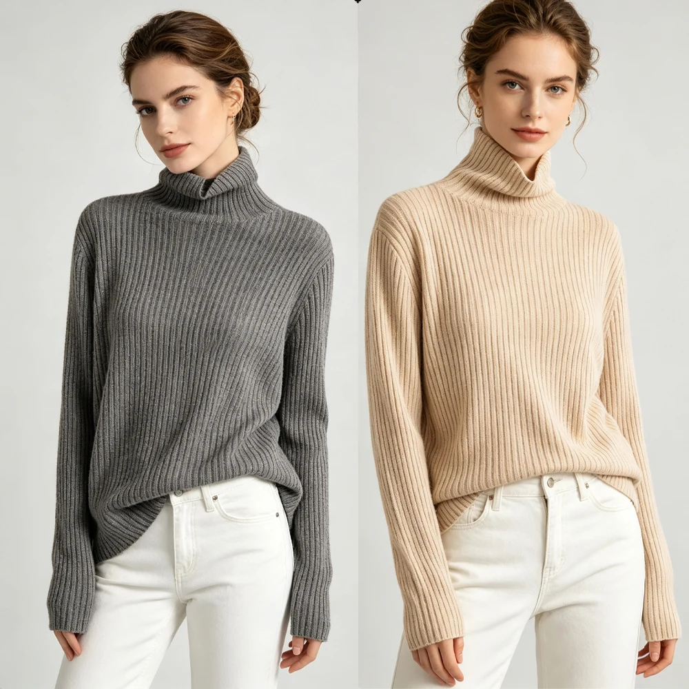 2026 Women's Casual Autumn/Winter New 100% Wool Pit Stripe Warm Loose High Collar Long Sleeve Knitted Base Sweater