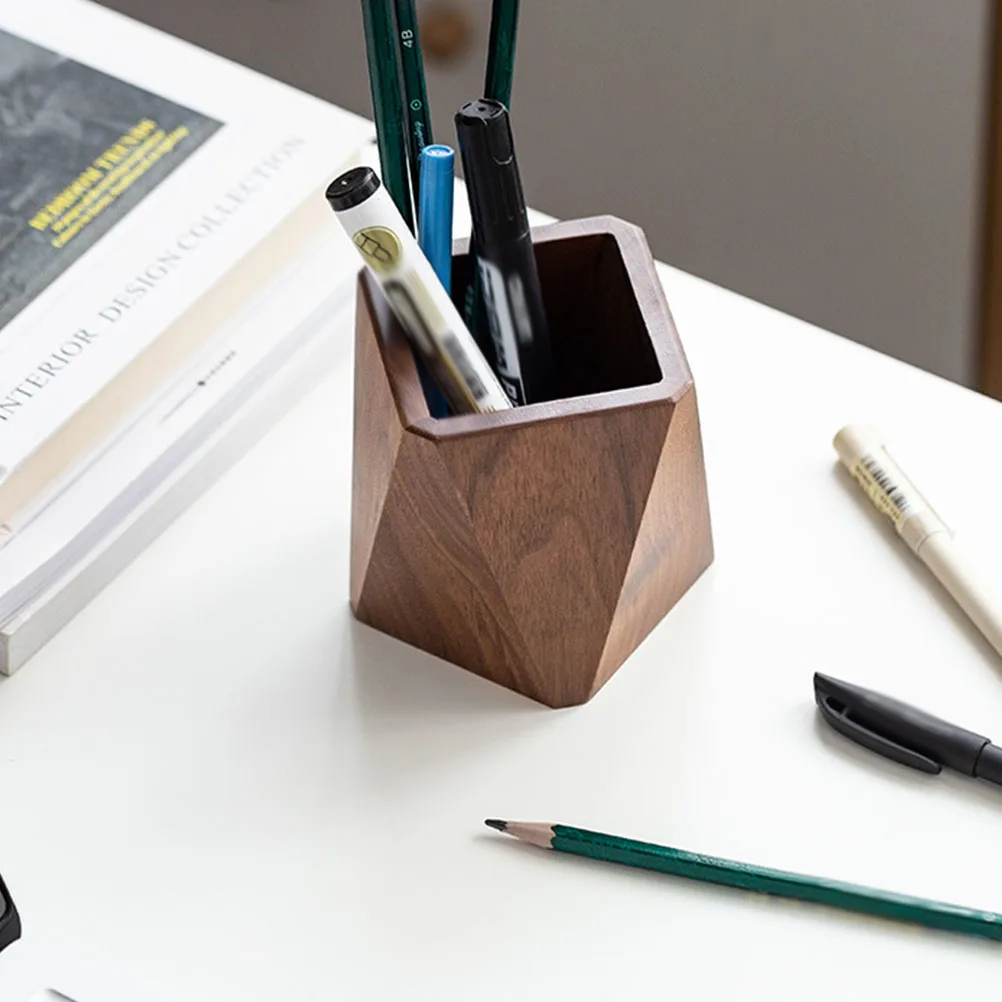 Business Desktop Pen Holder Office Accessories Wooden Geometric Pencil Cup Container Stationery Finishing