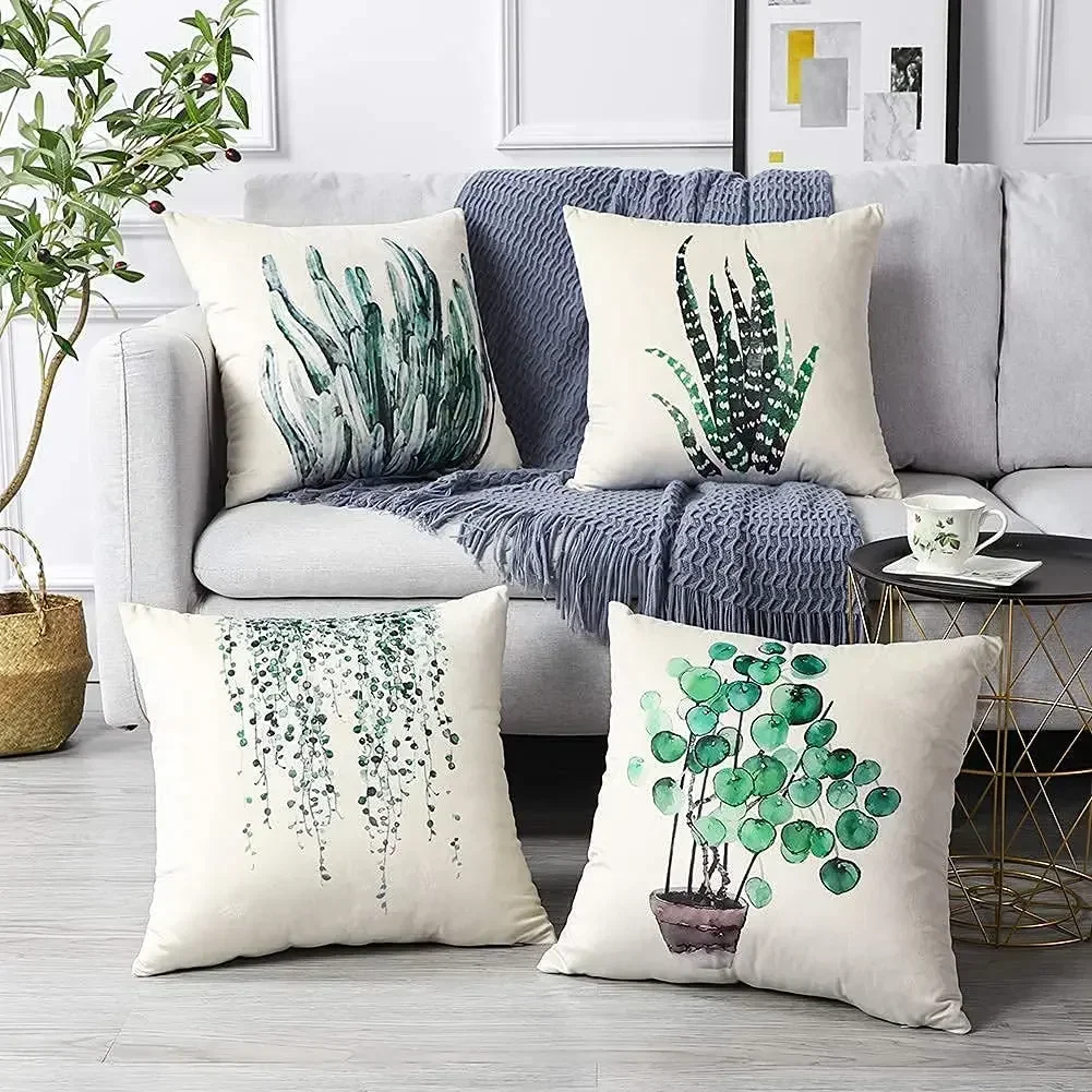 Green Plant Leaf Short Plush Cushion Cover Upholstery, Pillowcase Home Decor, Suitable for Sofa, Car, Bedroom 40x40 45x45 50x50