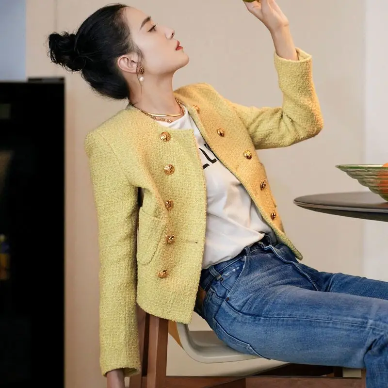 Women New Casual Loose Elegant Yellow Tweed Jacket Double Breasted Female Outerwear Autumn Winter Women Small Fragrance Blazer view 4