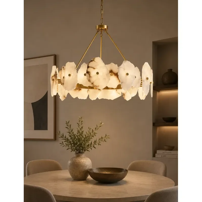 Golden Round Alabaster Chandelier with Natural Stone Flakes Kano Lighting Art Warm Glowing Pendant for Space Decoration