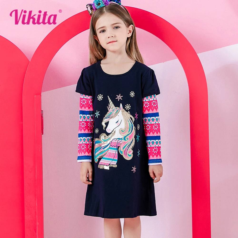 VIKITA Girls Licorne Sequined Appliqued Dress Kids Snowflakes Print Christmas New Year Xmas Cotton Casual Gift Straight Dress