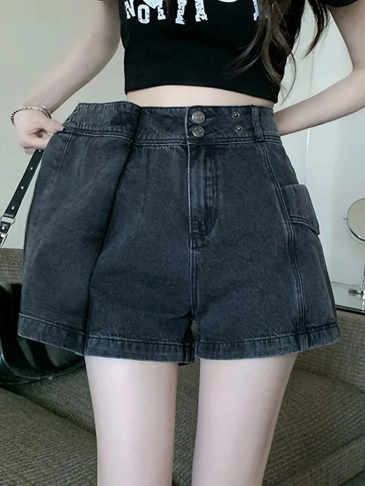 High Waist Denim orts Women's Spring Autumn Anti Exposure Slimming Design A-Line  Skirt Pants Cotton Stretch Denim