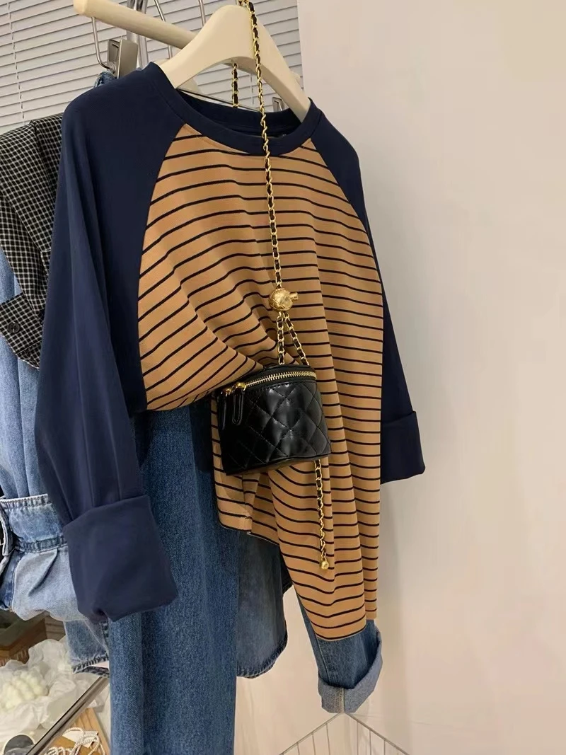 Extra Large 300 Pounds High Quality Unique Shoulder Sleeve Long Sleeve T-Shirt Women's Spring Autumn Thin Stripe Color Block Top