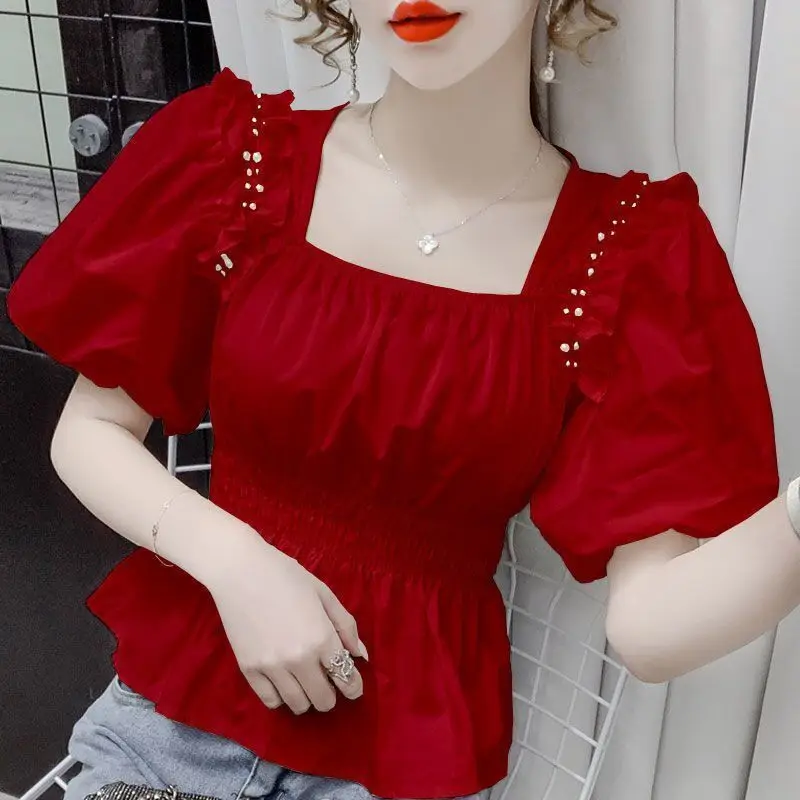 2024 Summer new Women\'s Blouse square collar Spliced Ruffles Embroidered Flares Fashion Slim short Sleeve Chiffon shirt Tops