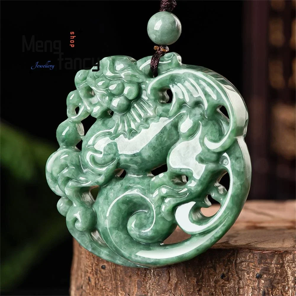 Natural A-goods Jadeite Ruyi Fortune Unicorn Ice Jade Pendant Exquisite Mascots Handicraft Retro Luxury Quality Fashion Jewelry