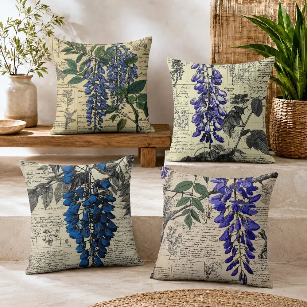 Wisteria Fashion Cushion Cover Summer Coolness Linen Organic Fabric Sofa Pillow Case Double-Sided Printing Home Decor