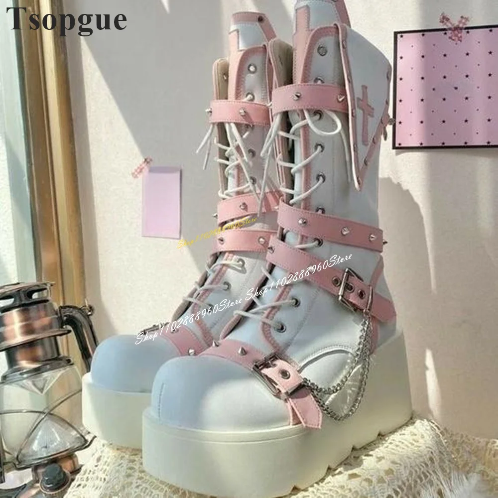 

Punk Style Mid Calf Mixed Chain Rivet Thick Soled Boots Wedges Heel Women Shoes Side Zipper Round Toe 2024 Zapatos Para Mujere