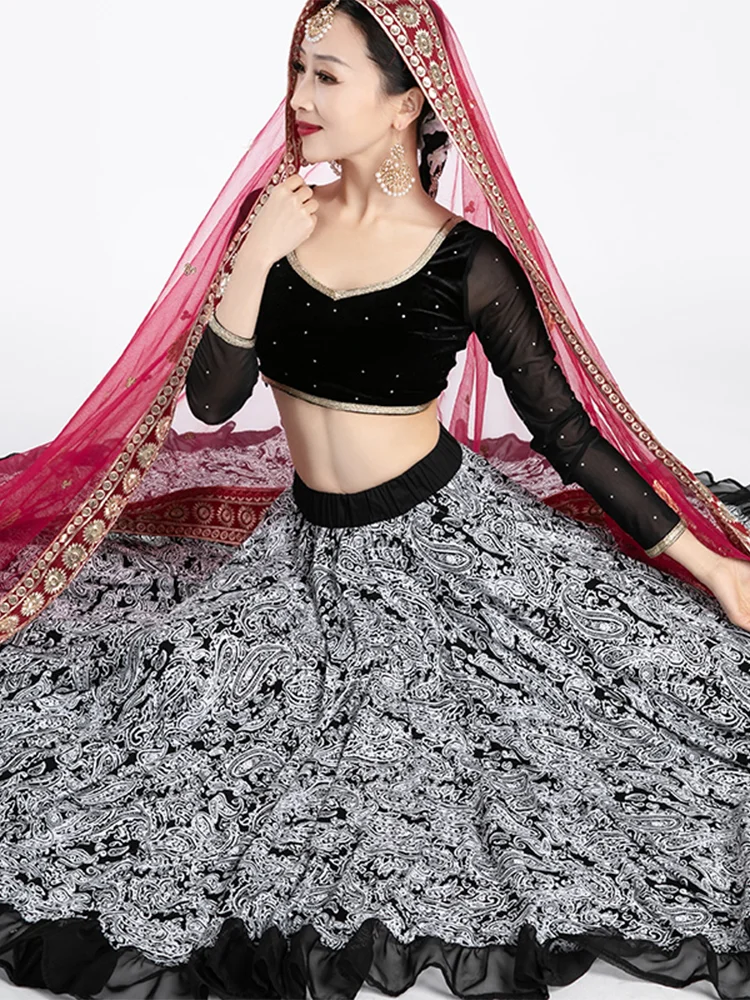 인도 여성 볼리우드 댄스 무대 공연 탑 긴 소매 블랙 메쉬 벨리 댄스 셔츠 오리엔탈 댄스 의상 DQL12132