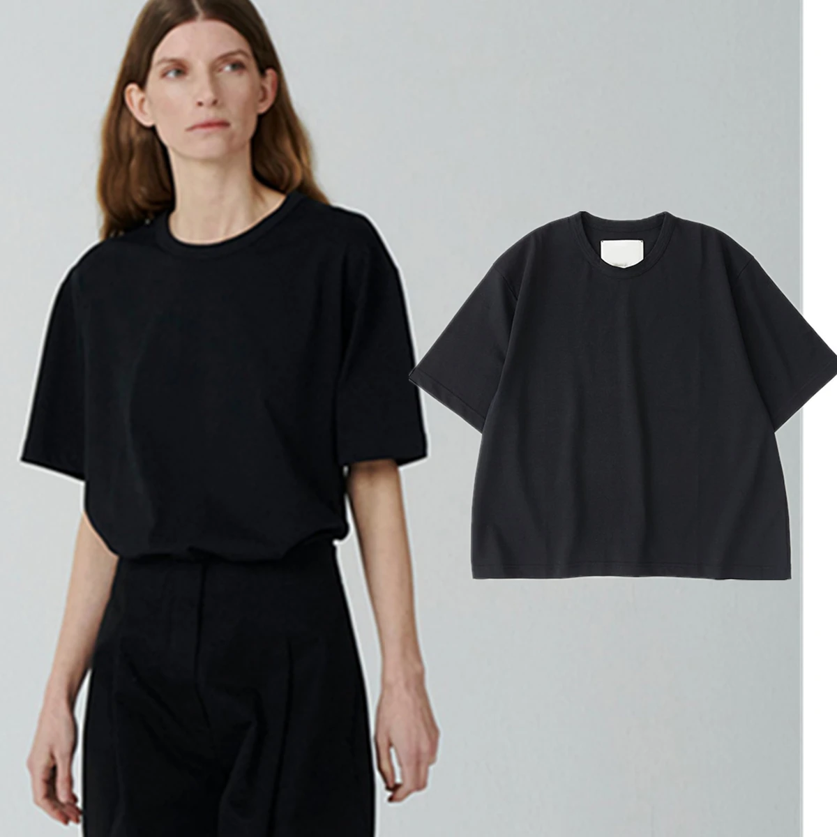 

Maxdutti Nordic Minimalist Black Round Neck Off Shoulder Sleeve T-shirt Modal Cotton Comfortable Top T-shirt Woman Clothes 2026