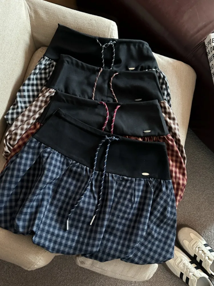 

Preppy Plaid Splice Skirt with Dstring Elastic Waist for Women Autumn ort Skirts Girls High Waist A-Line Skirts